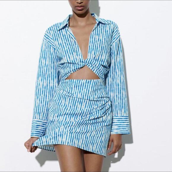 Zara Striped Linen Blend Mini Dress Blue White Size S Cut-Out Summer Sundress - Picture 1 of 6